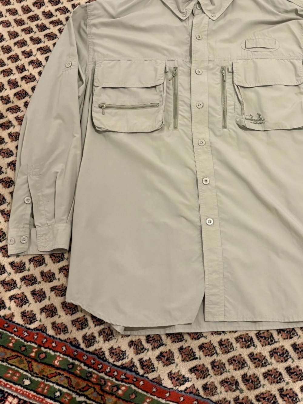 Cabelas long-sleeve shirt. 100% nylon. Khaki color. XL regular fit.